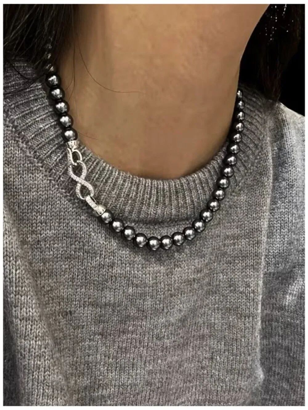 NWT Tahitian Black Faux Pearl Necklace 8mm Pavé Infinity Clasp